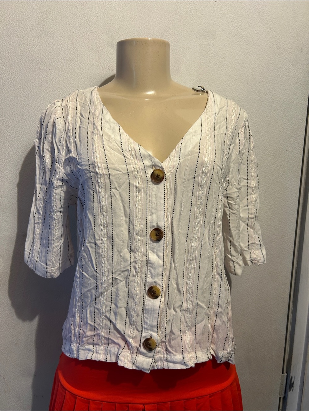LOFT White Striped Button-Front V-Neck Blouse